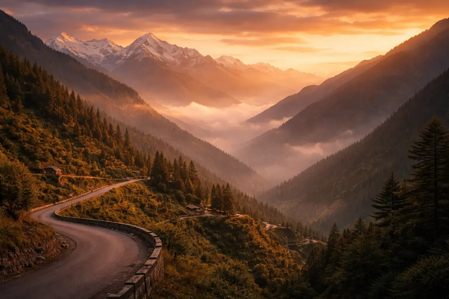 Golden-hour Himalayan valley with a winding mountain road, India